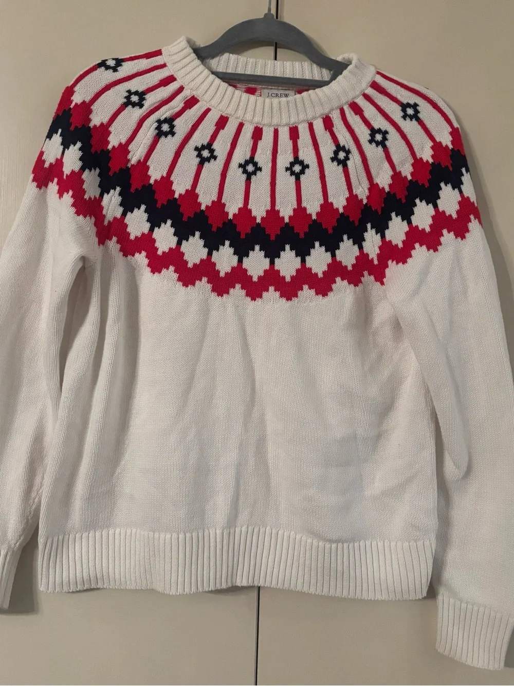 J. Crew White Fair Isle Crewneck Sweater with Red & Navy Yoke